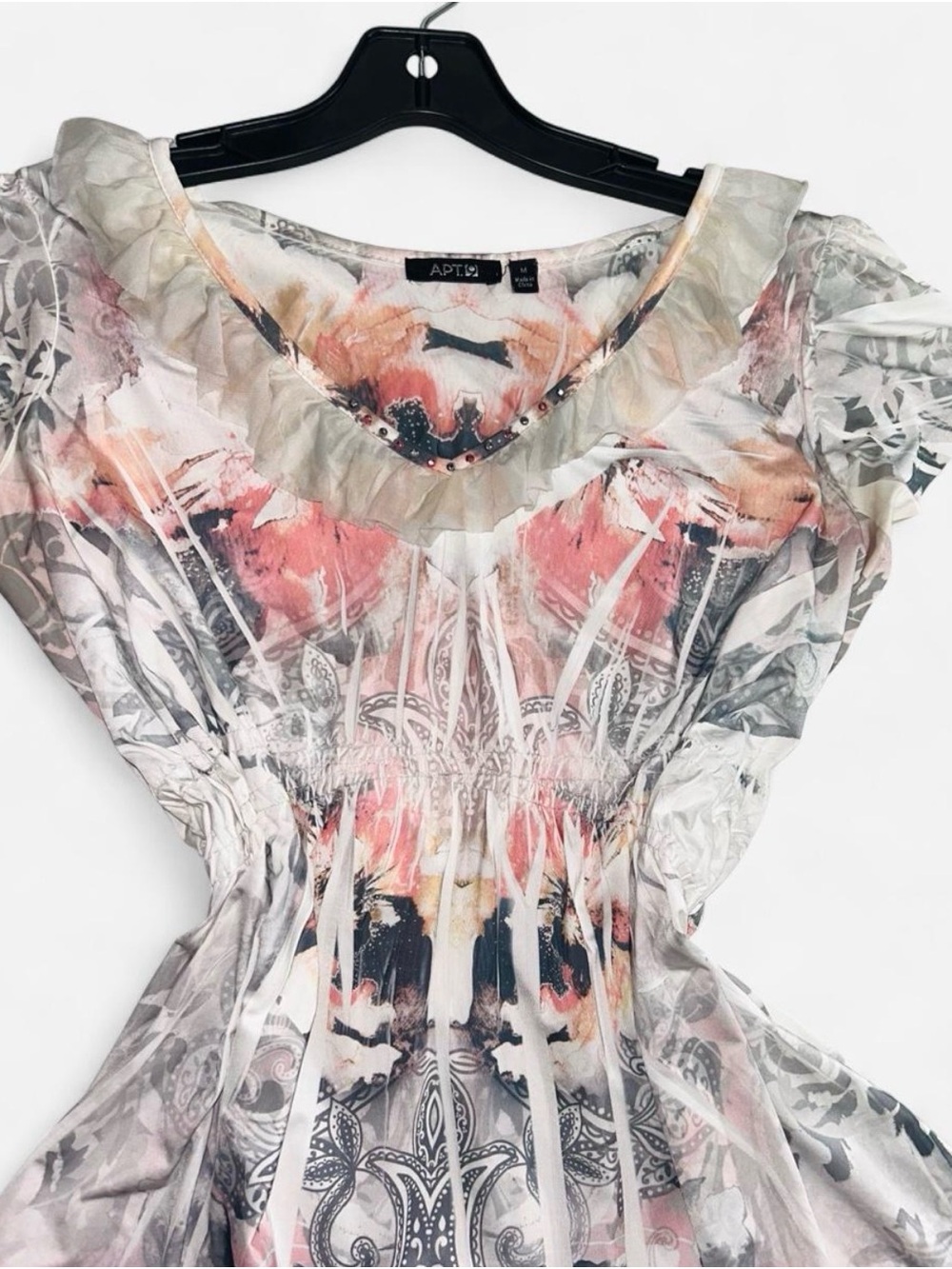 Apt. 9 Pink and Gray Watercolor Ruffle Neck Tunic